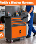 Beefy Rolling Tool Chest On Wheels For Auto Shop And Garage Built From Thick Cold Rolled Steel With Rust Resistant Finish Protective Liners In Each Compartment Spacious Top Tray Locking Casters Ideal Tool Storage Cart, side view in garage