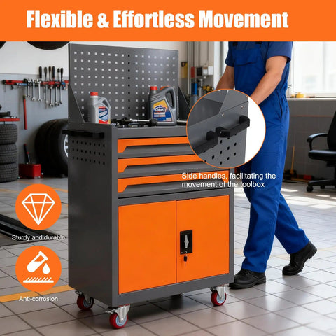 Beefy Rolling Tool Chest On Wheels For Auto Shop And Garage Built From Thick Cold Rolled Steel With Rust Resistant Finish Protective Liners In Each Compartment Spacious Top Tray Locking Casters Ideal Tool Storage Cart, side view in garage