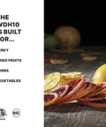Built Tough Workhorse Commercial Food Dehydrator With Ten Mesh Trays Supplying Fourteen Square Feet Of Drying Space and dried fruits on wood table.