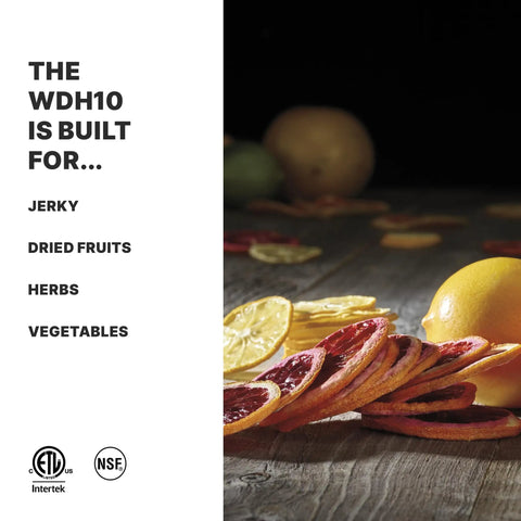 Built Tough Workhorse Commercial Food Dehydrator With Ten Mesh Trays Supplying Fourteen Square Feet Of Drying Space and dried fruits on wood table.