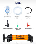 Smart Jerry siphon pump kit with orange hand pump, long hoses, and adapters for fuel transfer