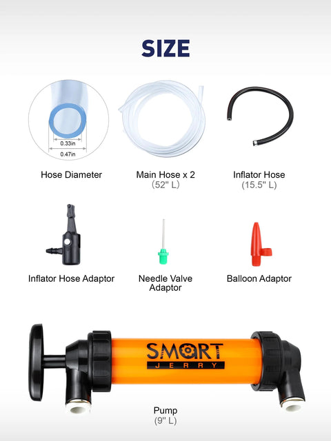 Smart Jerry siphon pump kit with orange hand pump, long hoses, and adapters for fuel transfer