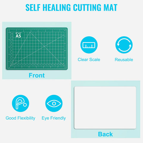 Front and back of self healing cutting mat from Exacto Knife Set With 2 Craft Knives And 40 Replacement Blades, 6 Inch Ruler