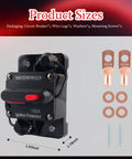 Tough As Nails 150 Amp DC Circuit Breaker with waterproof design, dimensions 2.88 x 1.93 x 1.78 inches, includes wire lugs and screws.