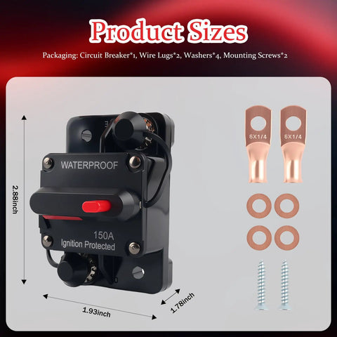 Tough As Nails 150 Amp DC Circuit Breaker with waterproof design, dimensions 2.88 x 1.93 x 1.78 inches, includes wire lugs and screws.