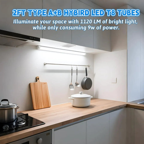 2Ft LED Tube Light Type B Replacement Bulbs 4 Pack illuminating a modern kitchen under-cabinet space