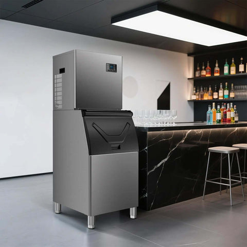 Industrial Ice Maker With 680 Lbs Per Day Output And 210 Ice Cubes In 5 To 15 Minutes 580 Lb Storage Capacity Auto Clean Stainless Steel Commercial Ice Machine For Busy Bars And Cafes in a modern bar setting.