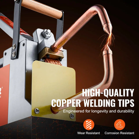 Portable 1/8 Inch Spot Welder With 1.5KVA Input Capacity, showing copper tip sparking during steel welding