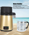 4 Liter Water Distiller With Glass Carafe And Stainless Interior Auto Shut Off Pure Drinking Water Maker For Home Office beside a clear glass carafe.