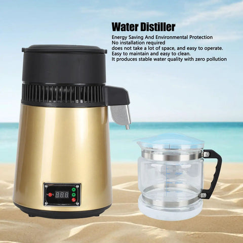 4 Liter Water Distiller With Glass Carafe And Stainless Interior Auto Shut Off Pure Drinking Water Maker For Home Office beside a clear glass carafe.