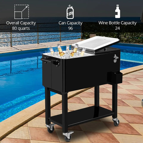 80 Quart Rolling Ice Chest On Wheels Portable Party Bar Cart For Cold Drinks And Beverages Mobile Cooler Cart For Outdoor Patio
