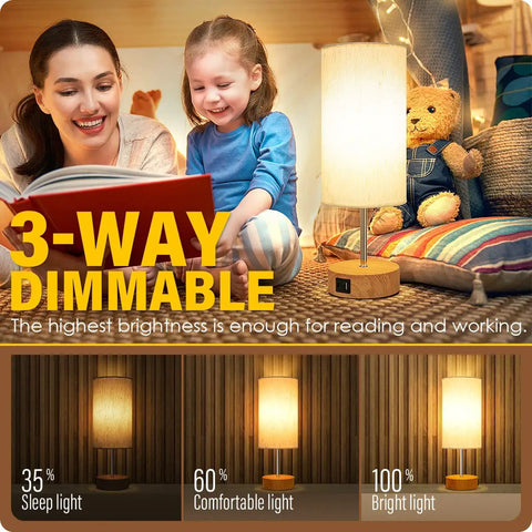 Bedside Lamp With USB A And USB C Charging Ports And AC Outlet, Touch Control 3 Way Dimmable Table Lamp With Fabric Shade