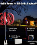 600W Go To Off Grid Wind Turbine Generator With Charge Controller For 12V Systems powering a home at night, red turbine