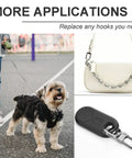 Image showing 6 Pack Super Slick 1 Inch Detachable Snap Hooks With Swivel Clasp And Screwdriver Heavy Duty Build Zero Sewing Required For Purse Straps Keychain Fix And Dog Leashes In Classic Black used with a dog leash, purse, and keychain.
