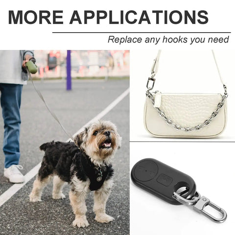 Image showing 6 Pack Super Slick 1 Inch Detachable Snap Hooks With Swivel Clasp And Screwdriver Heavy Duty Build Zero Sewing Required For Purse Straps Keychain Fix And Dog Leashes In Classic Black used with a dog leash, purse, and keychain.