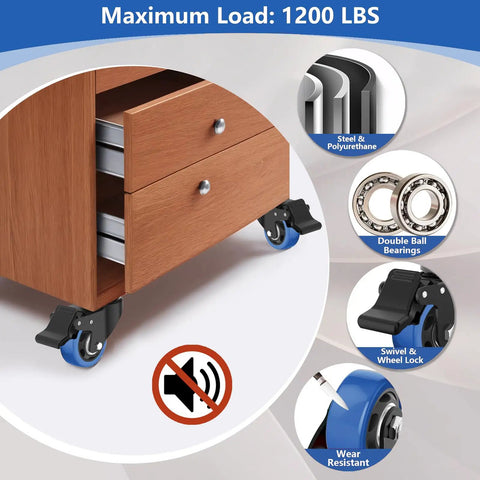 Heavy Duty 3 Inch Swivel Caster Wheels Set Of Four With Dual Locking Plate Casters And Double Ball Bearings on cabinet