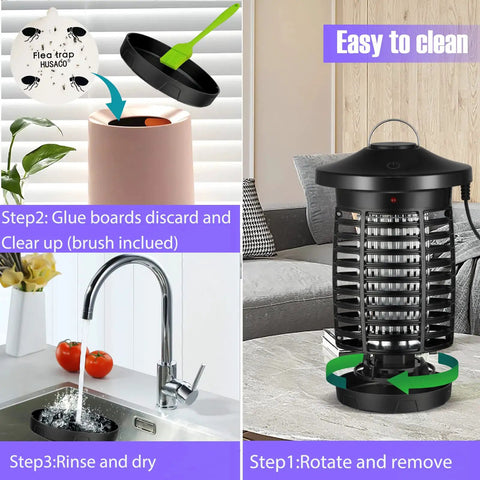 Outdoor Bug Zapper With Smart App Remote Hands Free And Voice Control Mosquito Zapper You Can Control From Your Phone Compatible With Alexa And Google Home 2.4GHz WiFi With BuiltIn Timer Indoor Outdoor Pest Killer For Summer Nights showing cleaning steps with faucet and zapper close-up