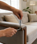Installing 8 Piece Double Ear Headrest Hinge Insert Kit For Couches And Recliners with Zinc Alloy Ratchet Sleeve on sofa arm.