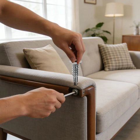 Installing 8 Piece Double Ear Headrest Hinge Insert Kit For Couches And Recliners with Zinc Alloy Ratchet Sleeve on sofa arm.