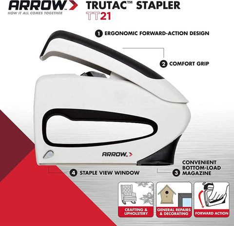 TruTac TT21 Forward Action Staple Gun For Upholstery, Crafts, Decorating And Repairs, Manual Push Stapler with ergonomic design