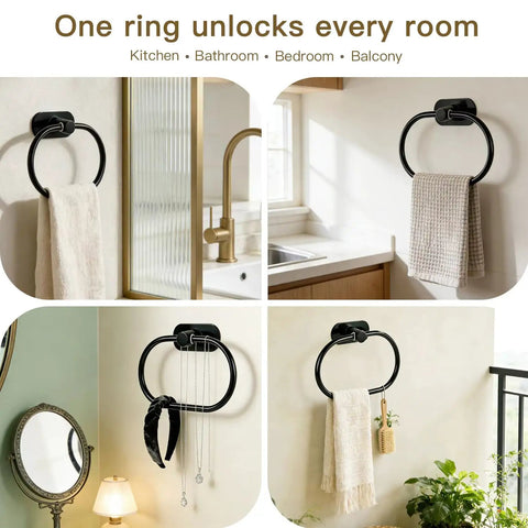 Self Adhesive Towel Ring Matte Black Stainless Steel Rustproof Wall Mounted Bathroom Towel Holder SUS 304 Durable, No Drill