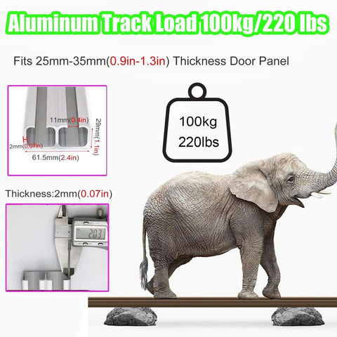 Heavy Duty Barn Door Sliding Hardware Kit For Two Doors With Bypass Double Track Rail System showing track load and measurement