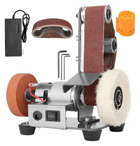 Mini Electric Belt Sander With Variable Speed Control And Grinding Wheel For Woodworking Acrylic Polishing showing sanding wheel and accessories.