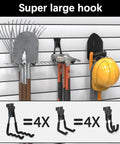 Beefy Ten Pack Wave Shape Slatwall Hooks For Garage Storage Heavy Duty Slat Wall Hangers Each Hook Replaces Four Standard Slatwall Hooks Fits Garden Tools And Workshop Black. Various tools and equipment are organized on hooks against a slat wall.