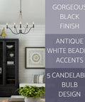 Boho Chic 28 Inch Five Light Wood Beaded Chandelier In Black And Antique White Finish Farmhouse Vibe With Vintage Candlestick Sockets And Cozy Warm Glow For Dining Rooms And Entryways