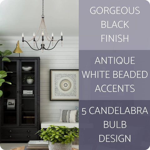 Boho Chic 28 Inch Five Light Wood Beaded Chandelier In Black And Antique White Finish Farmhouse Vibe With Vintage Candlestick Sockets And Cozy Warm Glow For Dining Rooms And Entryways