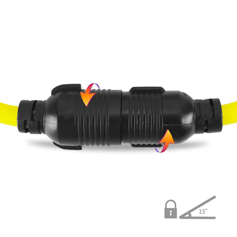 Close-up of L14-30 Generator Extension Cord 25Ft From L14-30P To L14-30R showing twist lock mechanism for secure connection.