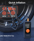 Portable Tire Inflator With Digital Pressure Gauge, 150 PSI Cordless Air Pump inflating car tire with quick inflation mode