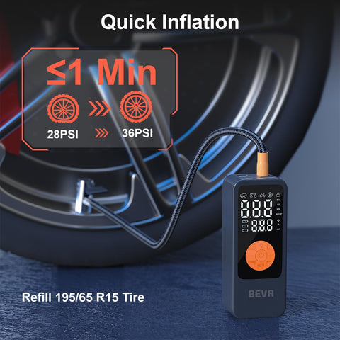 Portable Tire Inflator With Digital Pressure Gauge, 150 PSI Cordless Air Pump inflating car tire with quick inflation mode