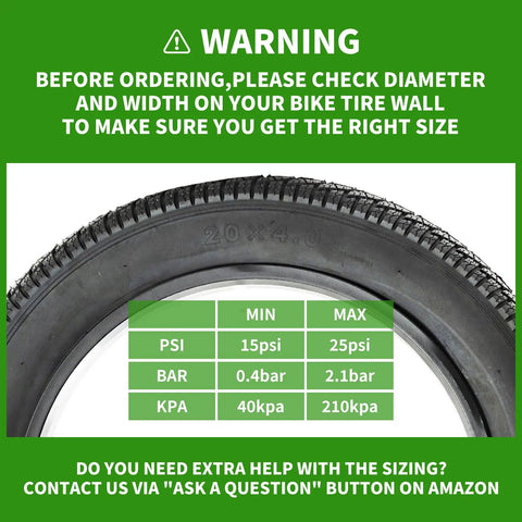20x4 Fat Tire for Electric Bikes and All Terrain Rides with pressure guide and warning about checking tire size before ordering.