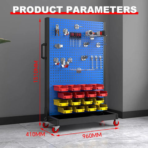 Beefy 2 Tier Mobile Steel Workshop Shelving Unit with pegboard, wheels, and handle showing tool storage setup