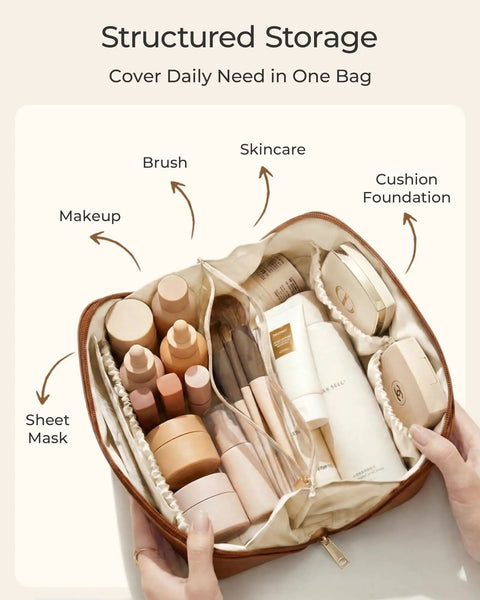 Go To Large Makeup Bag Travel Cosmetic Organizer In PU Leather Flat Open Toiletry Case For Women Wide Opening Pouch For Skincare Brushes