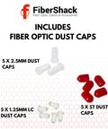 FiberShack fiber optic dust caps kit: 5 white plastic 2.5mm caps, 5 white LC 1.25mm caps, 5 red ST caps