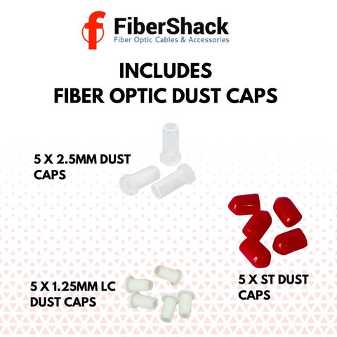 FiberShack fiber optic dust caps kit: 5 white plastic 2.5mm caps, 5 white LC 1.25mm caps, 5 red ST caps