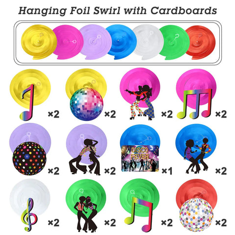 53 Piece 70s Disco Party Decorations Kit With Hanging Swirls And Disco Ball Cutouts displayed on white background