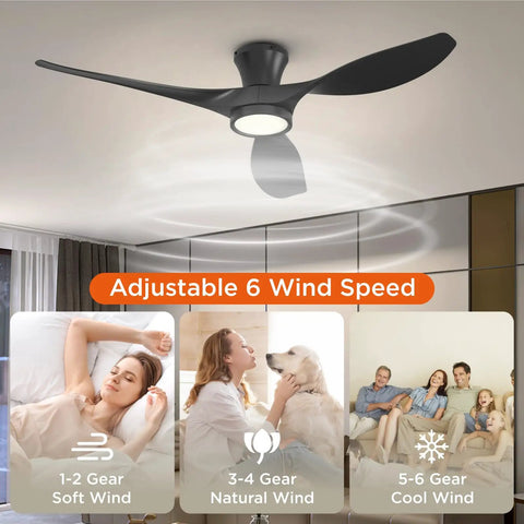52 Inch Ceiling Fan With LED Light And Remote Control, Flush Mount Low Profile Black Finish, adjustable wind speed settings.