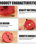 Close-up of a red aluminum self centering dowel jig showing quality materials and smooth surface features for precision drilling.