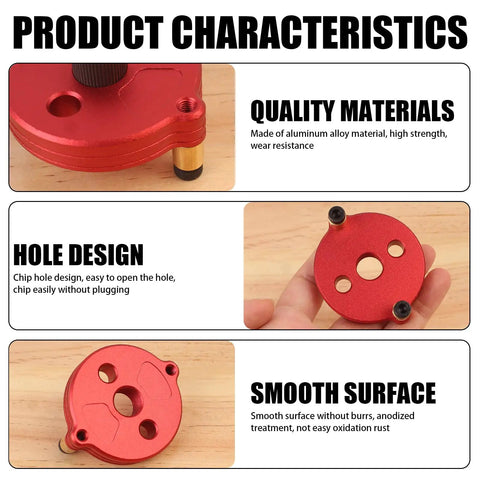 Close-up of a red aluminum self centering dowel jig showing quality materials and smooth surface features for precision drilling.