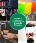 Collage of commercial beverage equipment—ice machine, taps, coffee maker, blender—with a green circular badge.