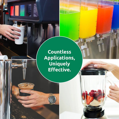 Collage of commercial beverage equipment—ice machine, taps, coffee maker, blender—with a green circular badge.