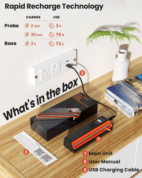 Wireless Meat Thermometer With WiFi And Bluetooth Ultra Thin Probe And Six High Accuracy Sensors Plus Minus Half Degree Fahrenheit Digital Base displaying rapid recharge technology and included components on table.