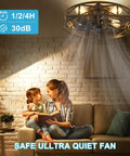 Smooth Operator Flush Mount Ceiling Fan with Remote and Six Speeds in Matte Black, vintage caged design in living room.