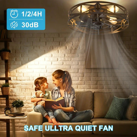 Smooth Operator Flush Mount Ceiling Fan with Remote and Six Speeds in Matte Black, vintage caged design in living room.