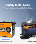Comparison of Beefed Up 12V 150Ah LiFePO4 Battery metal shell versus plastic case highlighting explosion resistance.