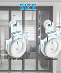 4 Piece Sliding Wardrobe Door Hardware Set Includes Two Dial Adjust Door Hangers Sized 1 And 2, 8 Screws, Durable Galvanized Steel Closet Roller Kit For Smooth, Quiet Sliding Doors And Easy Installation showing two wheel sizes in front of sliding doors