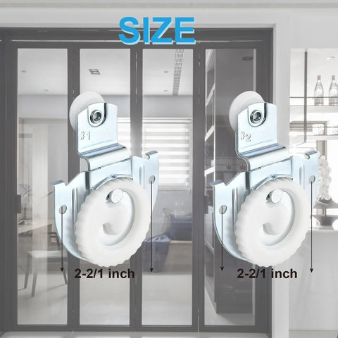4 Piece Sliding Wardrobe Door Hardware Set Includes Two Dial Adjust Door Hangers Sized 1 And 2, 8 Screws, Durable Galvanized Steel Closet Roller Kit For Smooth, Quiet Sliding Doors And Easy Installation showing two wheel sizes in front of sliding doors